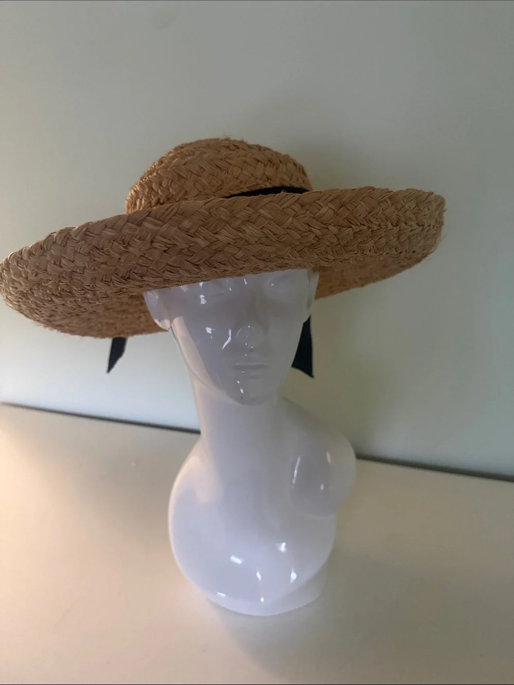 Helen Kaminski Wide-Brim Woven Rafia Hat with Black Ribbon